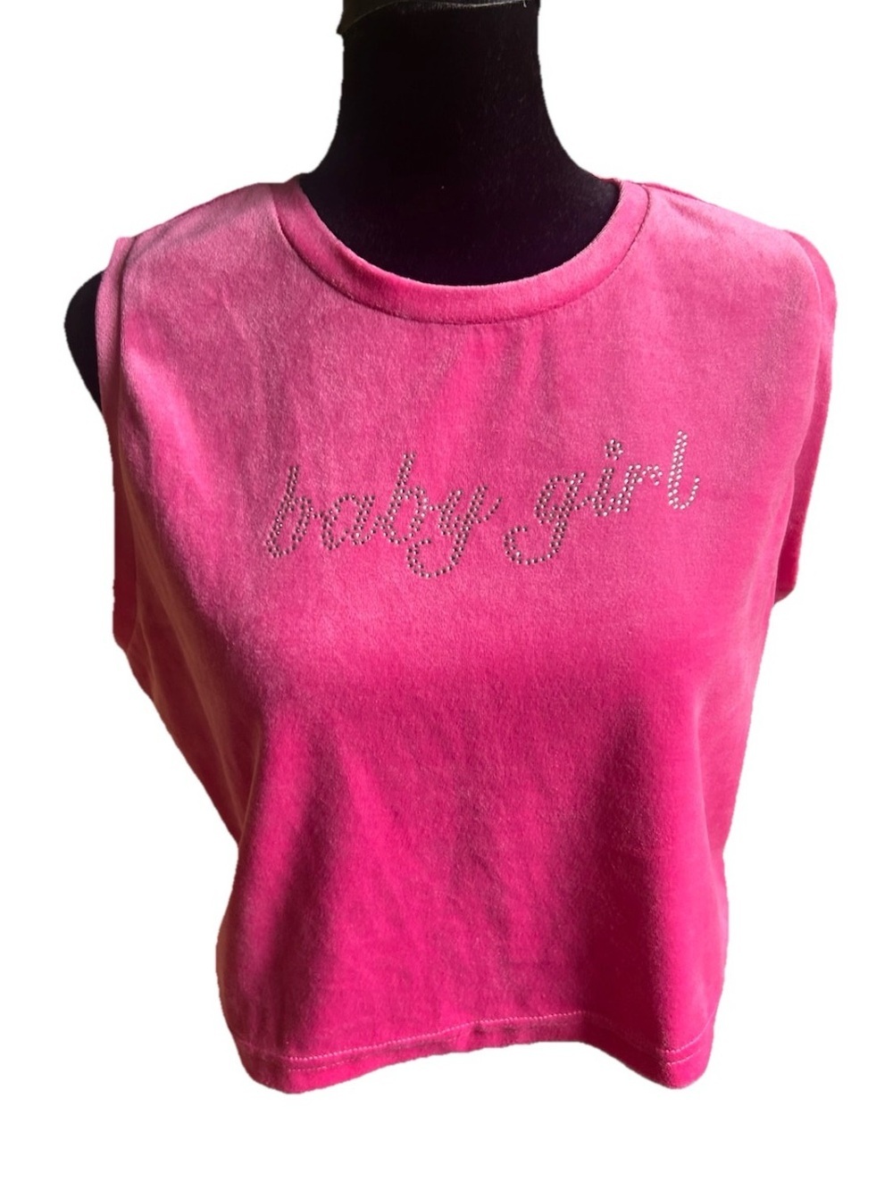 Birch and Stone Pink Velour Rhinestone “Baby Girl” Cropped Tank Top, Junior L